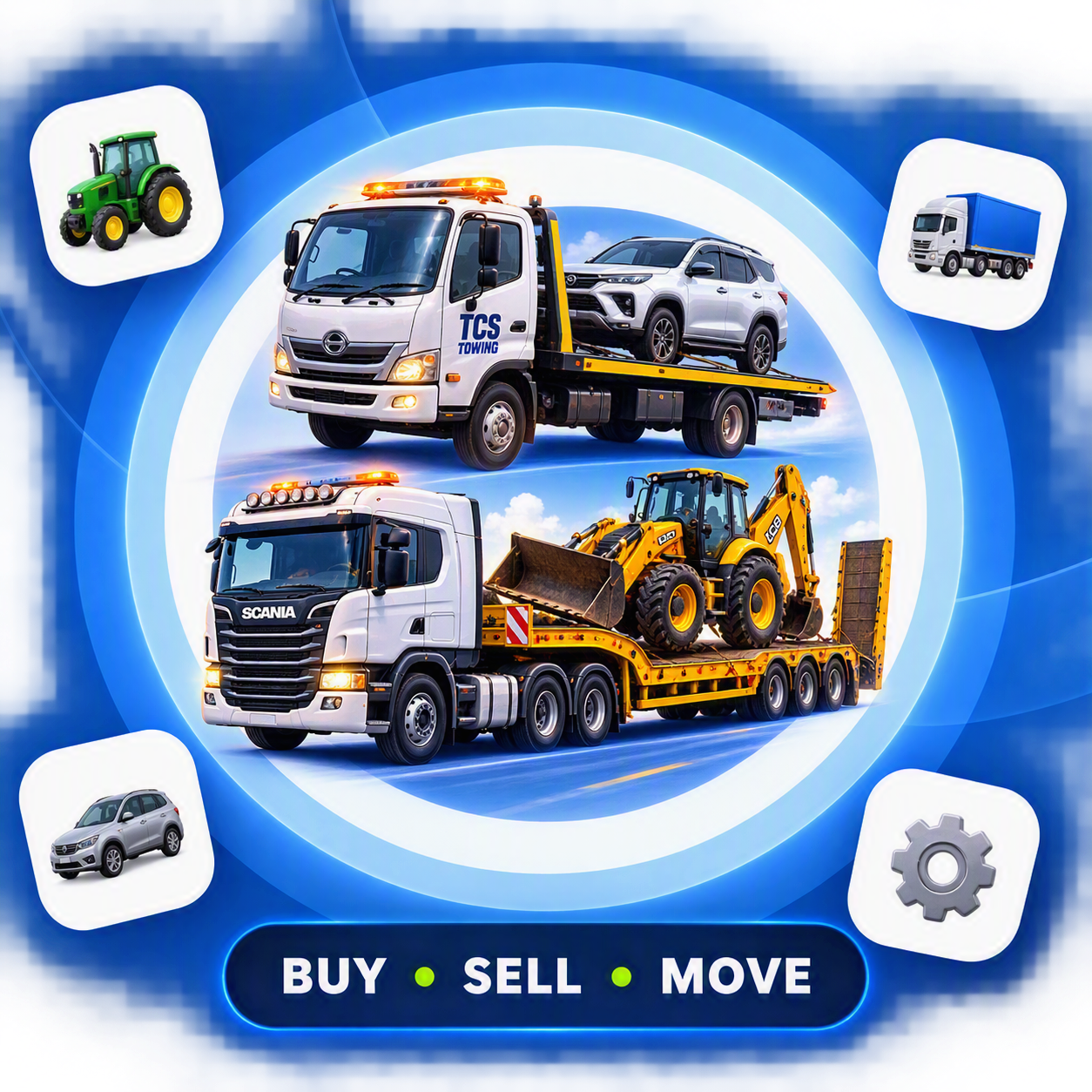 Rollback tow truck carrying a vehicle and lowbed truck transporting heavy machinery